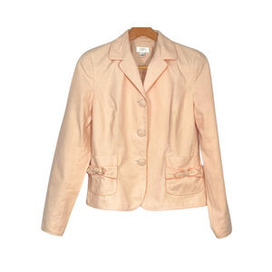 Loft Sz 10 3-Button Short Blazer Jacket Bows on Pockets Peach Polka Dot Retro